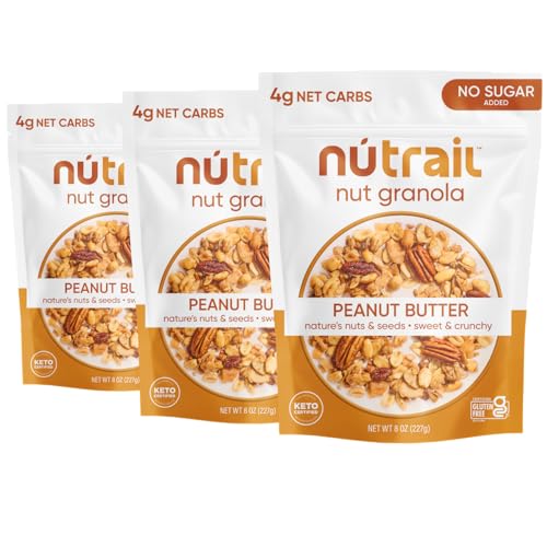 NuTrail Nut Granola, Peanut Butter, No Sugar Added, Gluten Free, Grain Free, Keto, Low Carb, Healthy Breakfast Cereal 8 oz. 3 Count