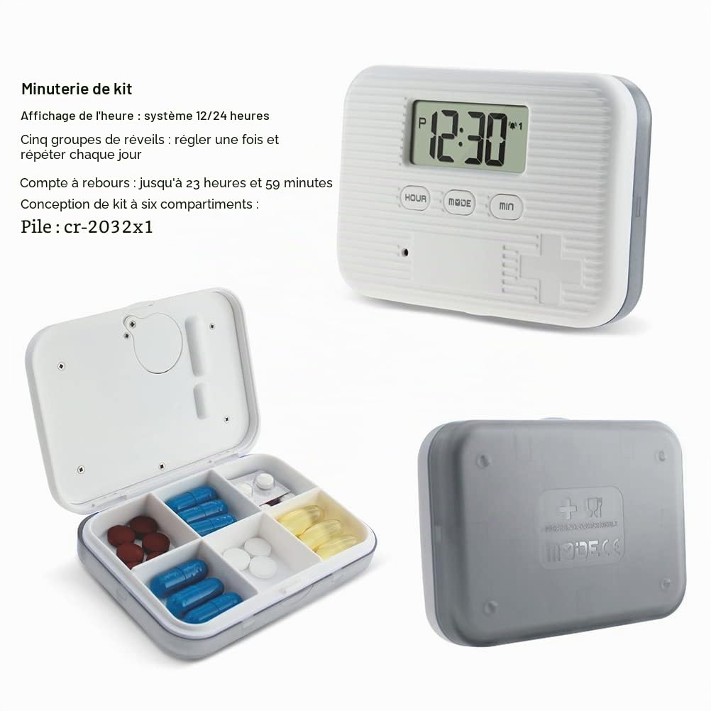 Mini pilulier électronique portable à 6 compartiments avec alarme scellée intelligente, distributeur de pilules électronique avec écran numérique, rappel de pilules journaliers