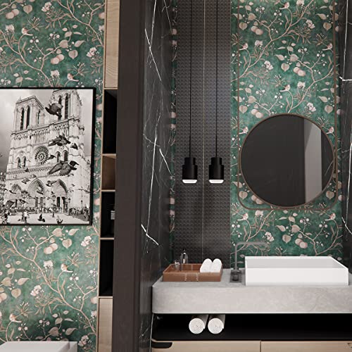 Peel And Stick Wallpaper 20.8" X 393" Large Vintage Green Wallpaper Flower Bird Stick For Livingroom Bedroom Bathroom And Kitchen Self Adhesive Removable Wallpaper #TOP6
