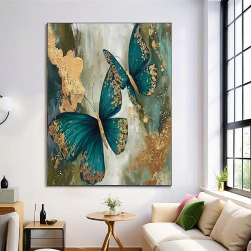 ANALTIRCE Gris Vert Affiche Toile Art Mural Peinture, Tableau sur Toile Élégance Animaux Papillon Bleu pour Salon Décoration d'intérieur 40×60 cm Sans Cadre