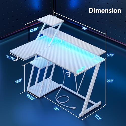 Image of Korfile 40 Inch White Gaming Desk with LED Lights & Power Outlet, Small Gaming Computer Desk with Storage Shelves, L Shaped Gamer Workstations with Monitor Stand for Bedroom