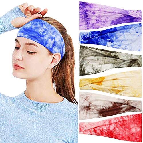 Tie Dye Headbands 6 Pcs Stretchy Cotton Yoga Headbands for Women Non Slip Sports Sweat Headbands Workout Hair Bands for Women Girls Adults