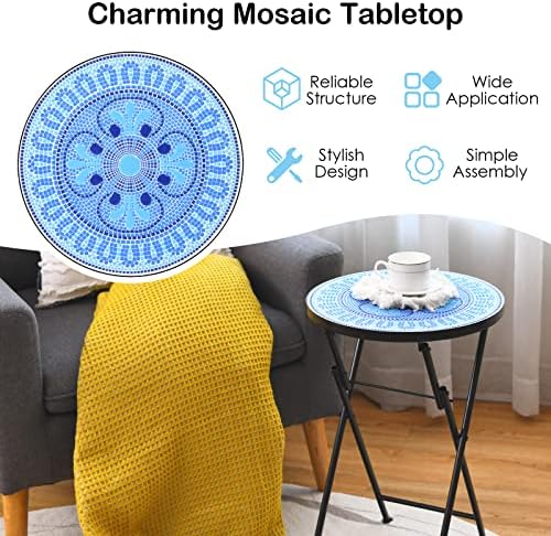 CASART Round Side Table, Folding Mosaic Accent Table Outdoor Dining Tables, Iron Frame Bistro Table Ceramic Tile Coffee Table for Garden Backyard Patio Poolside (Blue Four Leaf Clover)