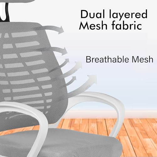 Image of Casa Copenhagen,Mesh Office Desk Chair,Rocking Ergonomic Computer Chair Adjustable High with Headrest and Comfortable Armrest Swivel- Grey Milanage & White Handle