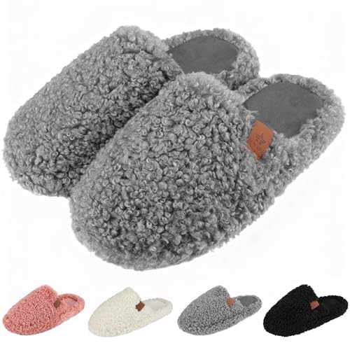 Image of Womens Fuzzy Slippers Wide Width Ladies Arch Support Memory Foam Slippers Warm Comfy faux fur Slip On Indoor House Shoes