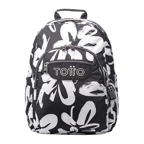TOTTO - Mochila Escolar Adaptable a Carro, Modelo Acuareles, Capacidad 20 L, Bolsillo para Botella, Espaldar Ergonómico con Flujo de Aire, Correas en S para Mayor Comodidad, Estampado Blanco y Negro