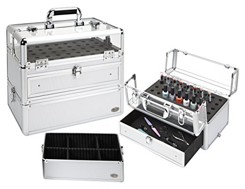 Seya Professional 45 Nail Polish Clear Panel Makeup Artist Organizer Cosmetic Case w/Slide Out Drawer - Silver