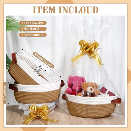 Image of Colingmill 3 Pack Easter Small Woven Basket for Gifts with Handles Clear Bags and Ribbons Empty Storage Basket Decorative Chest Box for Easter Wedding Present(White and Dark Brown,12 inchx 8 inchx 5 inch)