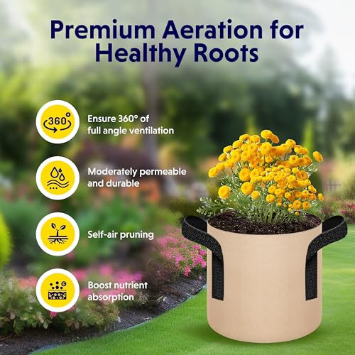 Image of iPower 5 Pack 1 Gallon Tan Grow Bags, Garden Planting Nonwoven Fabric Pots with Reinforced Handle, Heavy Duty and Aeration Planter Pot for Tomato, Fruits, Vegetables and Flowers