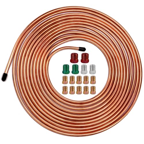 MuRealy 25 Ft 3/16" Brake Line Tubing Kit, Upgraded 3/16 Brake Line, Copper Coated Flexible Brake Line Tube Roll for Hydraulic Brakes Fuel Transmission System (Includes 16 Fittings)
