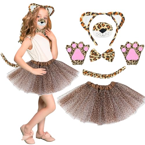 FORMIZON Disfraz de Leopardo Marrón, Carnaval Disfraz Leopardo Niña Accesorios con Tutu Falda, Diadema Nariz Cola Pajarita y Guantes de Garras, Accesorio de Decoración de Mascarada Jungle Party