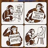 FINGERINSPIRE 4Pcs Banksy Painting Stencil with Brush 11.8x11.8inch Who's The Real Artist Monkey Stencil Chimpanzees Plastic Template Wall Art Graffiti Stencils for Painting on Fabric Wall Crafts