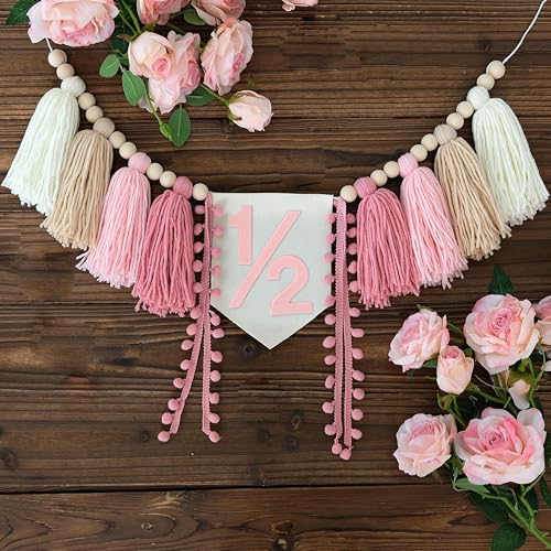 Ereniko Pink Extended Tassels 1/2 Birthday Girl Decorations Half Way to One High Chair Banner 6 Months Party Decorations Girl Photoshoot Props Happy Half Birthday Banner by Ereniko - Used condition - US$14.25