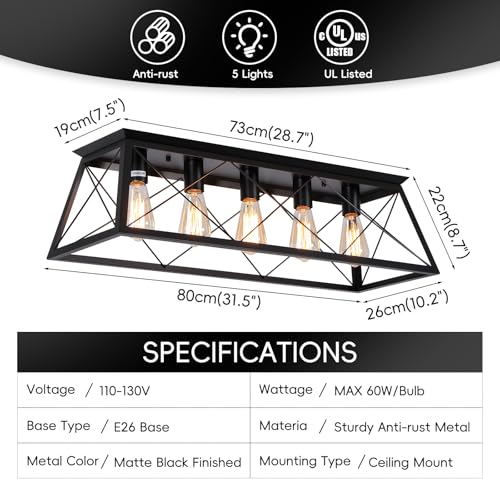 Qcazegy 31.5" Black Flush Mount Ceiling Light Fixture, 5-Light Vintage Industrial Cage Chandelier for Dining Room, Kitchen Island, Living Room, Dimmable Large Semi Flush Mount Close to Ceiling Light by Qcazegy - Used condition - Image 4