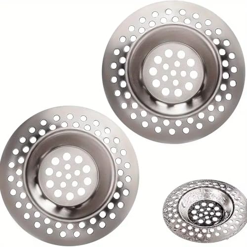 Set de 2 Filtro de Desagüe para Fregadero, coladores de desagüe para fregaderos de cocina y baño, filtro 7.3 cm con 70 hoyos, evita obstrucciones, diseño fácil de limpiar, Plateado