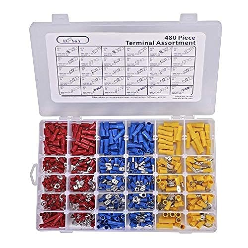 EL-SKY Wire Terminal Crimp Connectors, 480 Pcs 12-Size Assorted Mixed Assorted Lug Kit,Electrical Crimp Connectors Spade Ring Butt Set with Premium Case