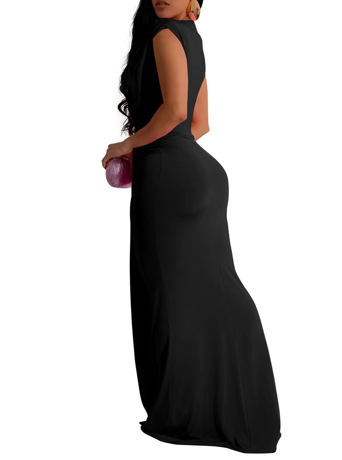 Vestido Largo sin Mangas con Cuello en V Profundo y Sexy para Mujer Vestido Largo Ajustado con Pliegues hasta el Suelo para Fiesta de Noche Formal