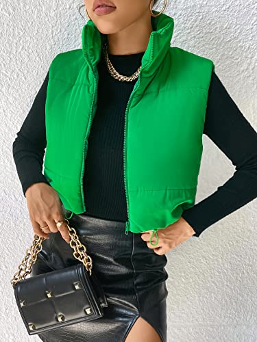 Wdirara Women's Drawstring Hem Sleeveless Zipper Front Puffer Vest Coat Outwear Green Xs #TOP2
