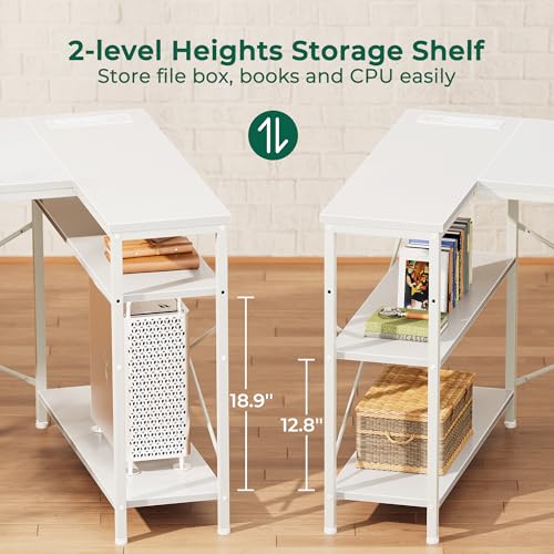 Image of Huuger L Shaped Office Desk with Power Outlets & 3 Drawers | 55 Inch Computer Desk with Shelves, Reverisble for Gaming Corner Work Home Office Study, White