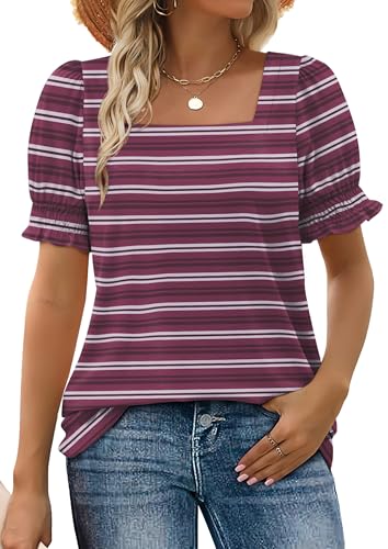 Image of WIHOLL Tops for Women Summer Casual Ruffle Trim Sleeve Square Neck T Shirts