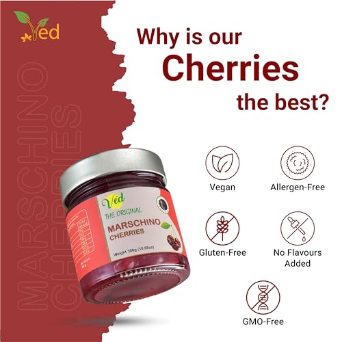 Ved Gourmet Original Red Maraschino Kirschen - Italienische Kirsche für Old Fashioned Cocktails - Veganer Cocktail, Bourbon-Kirschen in natürlichem Sirup zum Cocktail-Topping - (600-g-Glas (2er-Pack))