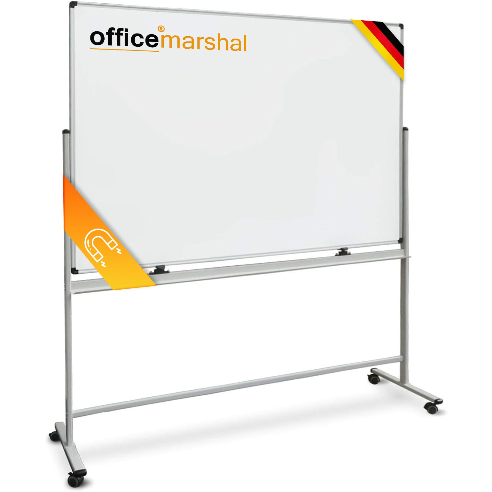 OfficeMarshal Whiteboard mit Ständer 120 x 220cm mobiles Whiteboard auf Rollen doppelseitige Stativdrehtafel magnetisch, beschreibbar, rollbar, leicht abwischbar mit Stifteablage, Aluminiumrahmen