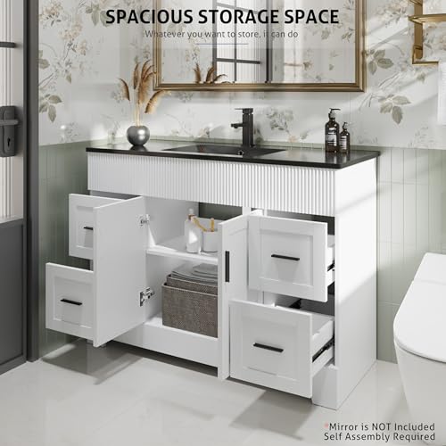 Image of eclife 48 inch Bathroom Vanities Sink Combo with Painted Surface, Modern Drawered Cabinet W /Decorative Wave Lines, Undermount Single Black Sink, Matte Black Faucet Drain, White