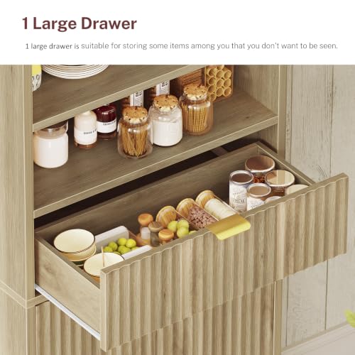 Image of TEENFON Tall Storage Cabinet with Adjustable Shelf & Drawer, Fluted Cabinet with Doors, Kitchen Pantry Cabinets, Bathroom Storage Cabinets, for Living Room, Entryway, Home Office, Natural