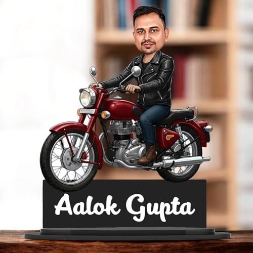 Image of Taxton Custom Bike Rider Caricature Personalized Wooden Bike Photo Frame for Men | 7.5 Inch Durable Double Wood Print with Acrylic Name Plate (Red)