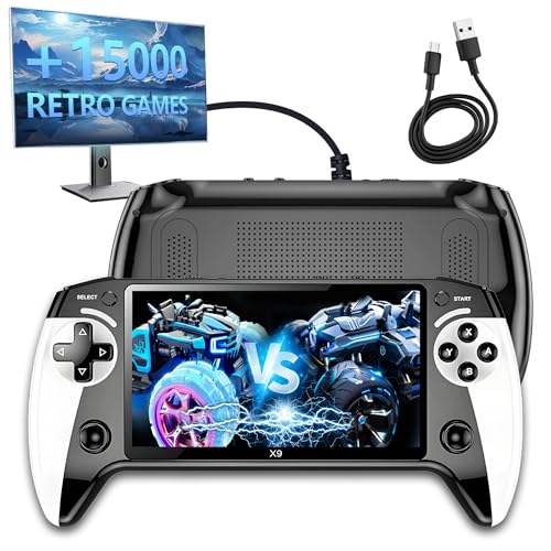 X9 Retro Handheld Spielkonsole mit 5,5-Zoll-HD-IPS-Bildschirm mit Augenschutz,Retro Konsole mit TXT-E-Book,Linux-System,TV-Ausgang,15.000+ Spielen,Externem Gamepad,Musik,2000-mAh-Videospielkonsole