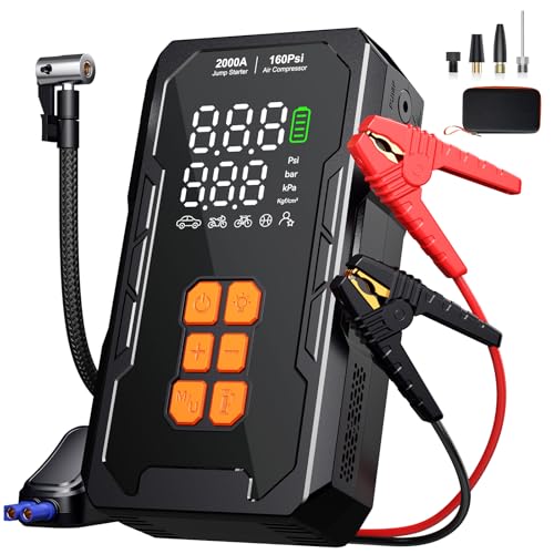 Jump Starter with Air Compressor 160PSI, 12V Car Battery Jumper Starter Portable (8.0L Gas/6.0L Diesel), Car Battery Charger Jump Box Cables with Auto-Shutoff Tire Inflator and LED Light, Black |