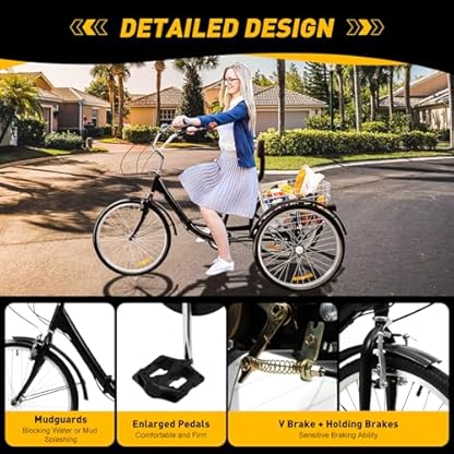 24 Zoll 7-Gang Dreirad, Zusammenklappb Schwarz 3-Rad-Cruiser Doppelbremsen mit Rückenlehne Sitz und Korb für Männer, Frauen, ältere Menschen und Erwachsene – Bild 8