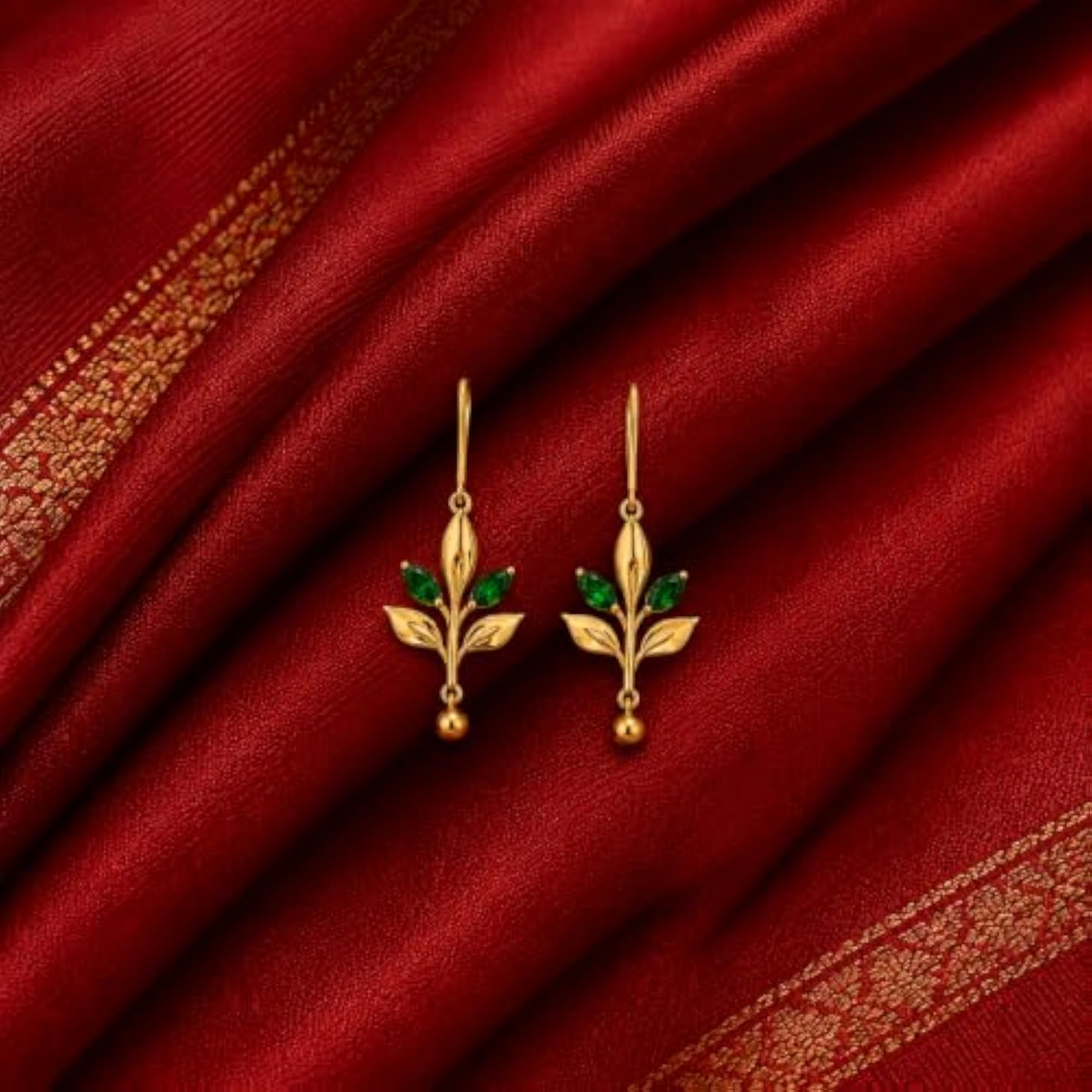 9KT Gold Green Leaf Branch Drop Earrings