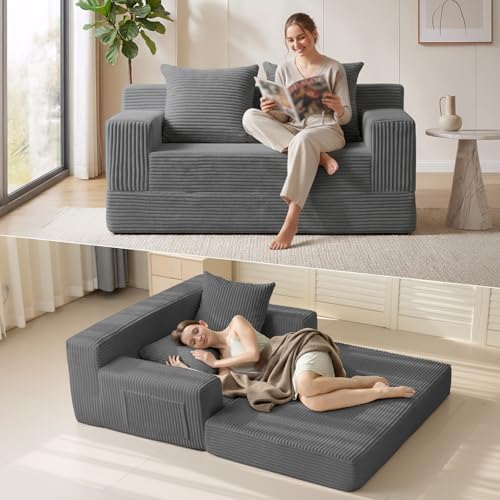 Image of Erament Convertible Sofa Bed, Loveseat Folding Floor Futon Sleeper Sofa Couch Bed- Boneless Foldable Couch, Corduroy Pull Out Sofa Bed with 2 Pillows for Living Room & Bedroom