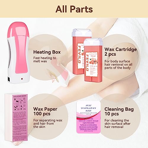 Image of Roll On Waxing Kit for Sensitive Skin - Hair Removal with 2 Rose Soft Wax Cartridges and 100 Non-Woven Wax Strips, 10 Wipes