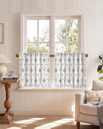 Image of Miss Adola Boho Kitchen Curtains - 24 Inch Length Linen Blend Western Cow Cafe Curtains Western Tier Curtain Short Drapes Rod Pocket for Bathroom Living Room Windows Light Filtering, 2 Panels