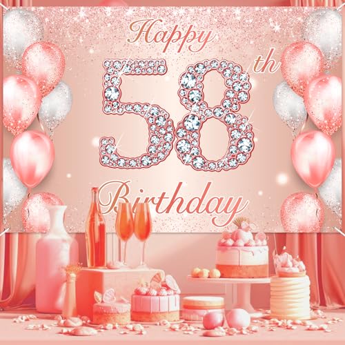 Image of Happy 58th Birthday Rose Gold Banner Cheers to 58 Years Old Backdrop Confetti Balloons Theme Decor for Women 58 Years Old Pink Birthday Party Decorations Bday Supplies Background Favors Gift Glitter