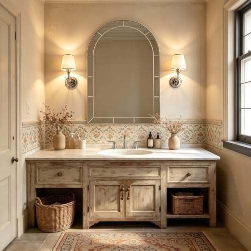 Image of MOON MIRROR Arched Mirror for Bathroom, Bathroom Mirrors for Over Sink, 20x30 inch Brushed Nickel Non-Rusting Vanity Mirror in Delicate Tessellated Glass Design