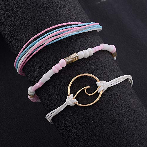 Kelistom Handmade Braided Wax Rope Adjustable Strand Wrap Bracelet Set Waterproof Wave Shell Charm Stretch Knot String Thread Bracelets Friendship Jewelry Pink #TOP4