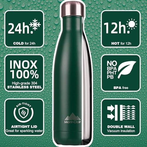 Image of Mont-Clair Stainless Steel Water Bottle, Vacuum insulated - BPA Free, 12h Hot & 24h Cold Drinks, Metal Water Bottle 34 oz Leakproof, Ideal for Adult, Kids, Running - Dark Green