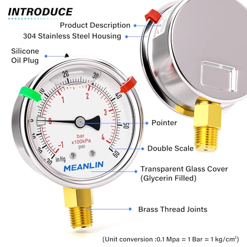 Image of MEANLIN MEASURE -30inHG~60Psi Vacuum Pressure Gauge 1 /8 inch NPT 2.5 inch FACE DIAL, Stainless Steel Liquid Filled Pressure Gauge WOG Water Oil Air Lower Mount (with 2PCS Snaps)