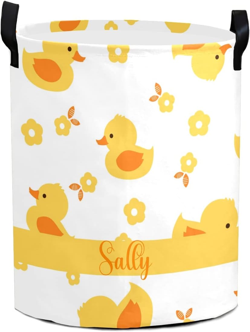 Duck Cartoon Little Flower Personalized Custom Laundry Basket Clothes Round Storage Handle Waterproof, Custom Foldable Large Capacity and Lightweight, For Bedroom Bathroom Decoration