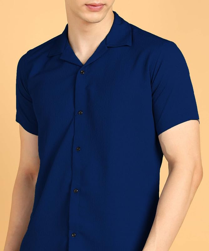Image of COMBRAIDED Men's Solid Cotton Blend Half Sleeve Shirt - Regular Fit Casual Button-Down Shirt for Office & Travel - Summer & Spring