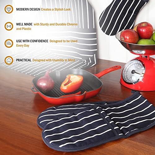 Premier Housewares 100% Cotton Gloves, Double Oven Mitts, Striped, Heat Resistant, H83X W18X D2, Blue
