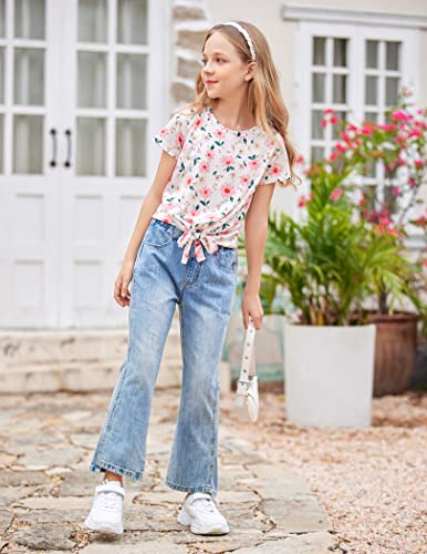 Arshiner Girls Loose Short Sleeve Tops Kids Round Neck Hem Tie Strap Tees Cute Floral Print Blouse Size 9-10 Years #TOP6