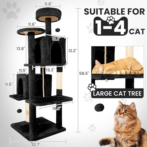 Image of 58.5inch Large Cat Tree Tower Condo for Indoor Cats, Soft Plush Multi-Level Climbing Tree Cat House with Cat Cave, Scratching Post, More Entrance /Exit, Sisal Rope, Night Black