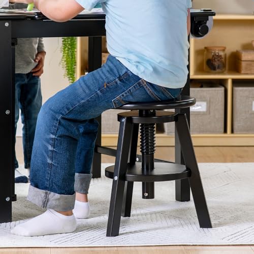 Image of Guidecraft Adjustable Drafting Wooden Stool-Black: Drafting Chair for Kids, 16 inch-18 inch Inch Swivel Stool for Kids' Art Studio Furniture | Adjustable Height Chair for Drawing, Painting, and Crafting