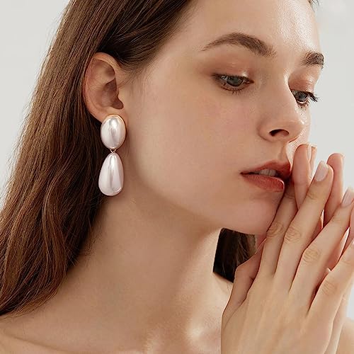 Geometric Retro Pearl Clip On Earrings for Women - Statement Drop Dangle Earrings3