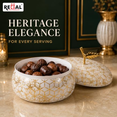 Image of Pearl Bonbon Metal Bowl with Lid, Glossy Meena Art, Solid Brass Leaf Knob for Dry Fruits, Chocolates, Cookies & Namkeen, Approx. 250 ml