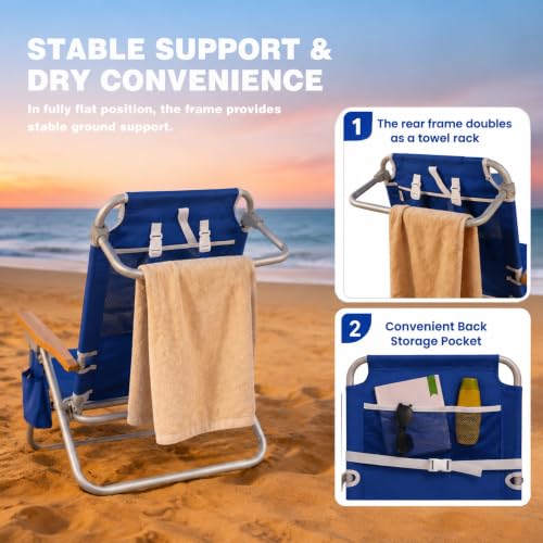 Image of SUNNYFEEL XL 28 inch Extra Wide Beach Chair for Adults,Low Backpack Beach Chair | 5-Position Lay Flat Reclining, 500 lb Heavy Duty Folding Chair with Pillow & Cup Holder, Navy Blue
